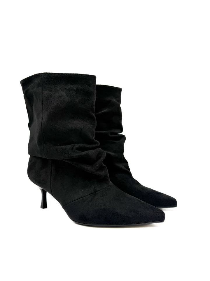 Botines Arrugados de Antelina para Mujer con Tacón Fino y Puntera Afilada