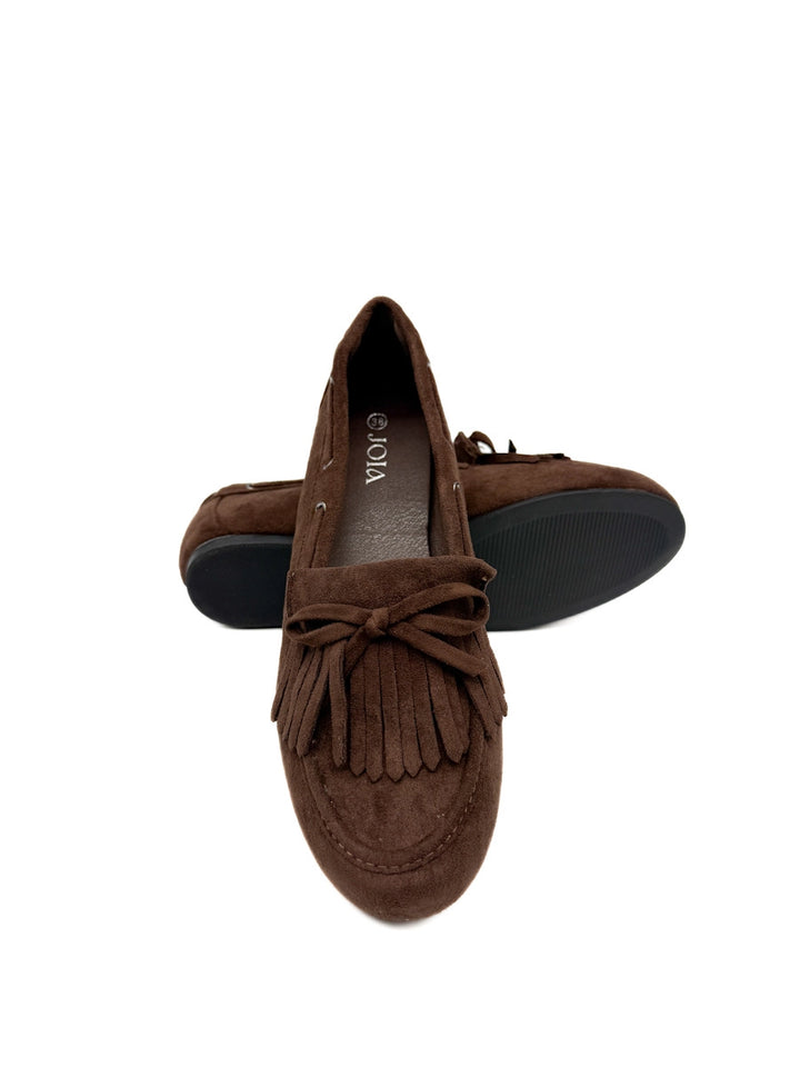 Mocasín Planos de Antelina Marrón con Flecos y Lazo