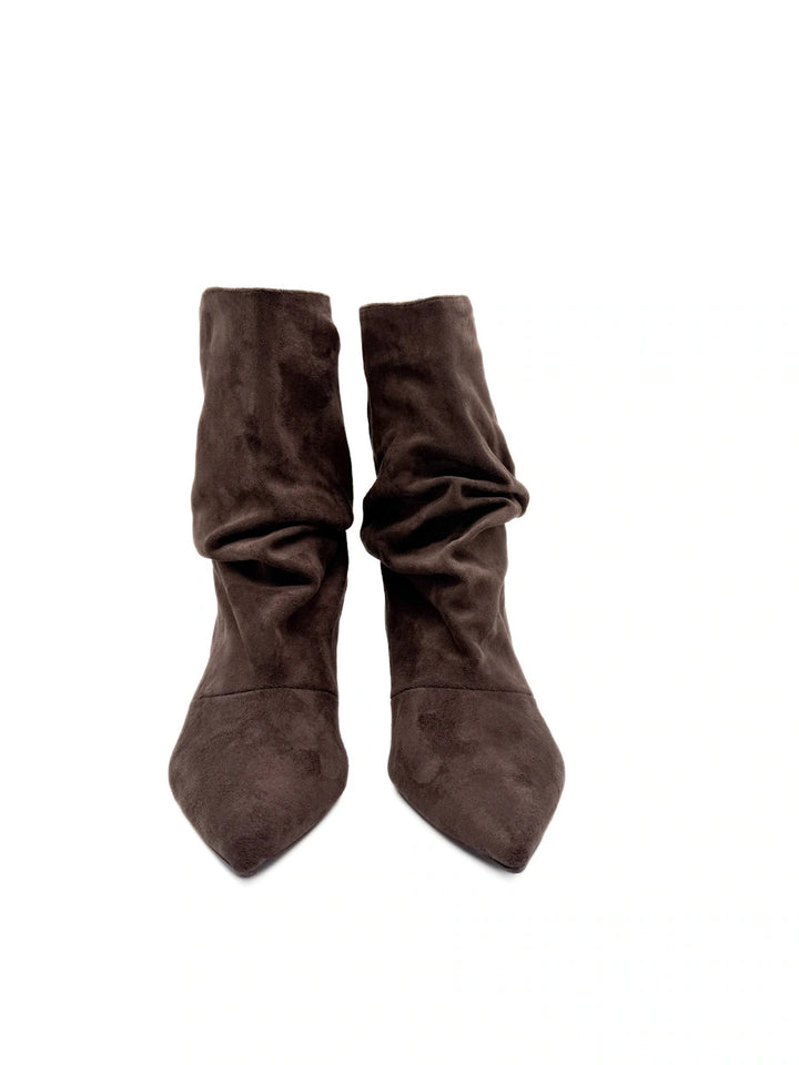 Botines Arrugados de Antelina para Mujer con Tacón Fino y Puntera Afilada