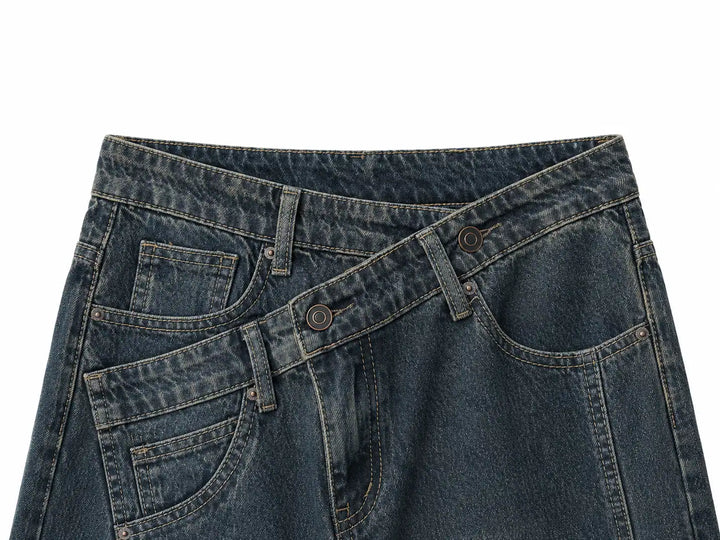 Pantalón Vaquero Azul Vintage de Pierna Ancha con Cintura Asimétrica