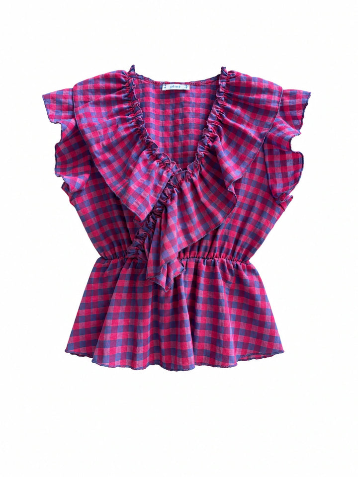 Blusa de Cuadros Vichy con Volantes y Escote en V | Elegancia Casual para Mujer