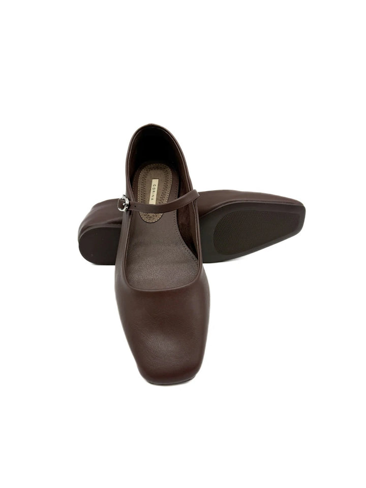 Bailarina Mary Jane en Piel Marrón Chocolate con Punta Cuadrada