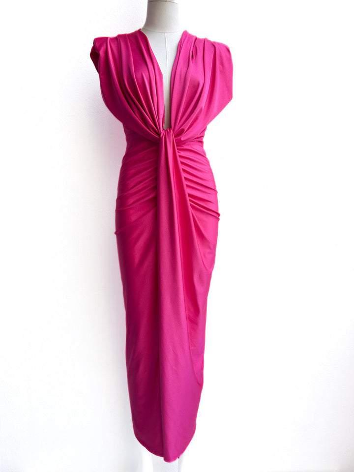 Vestido Largo Drapeado con Escote en V Profundo, Nudo en la Cintura.