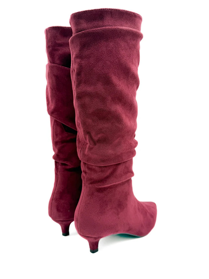 Botas Altas Fruncidas de Ante Sintético con Tacón Chupete y Puntera Fina