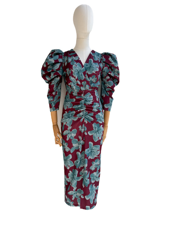 Vestido Elegante con Estampado Floral y Manga Abullonada Azul Única