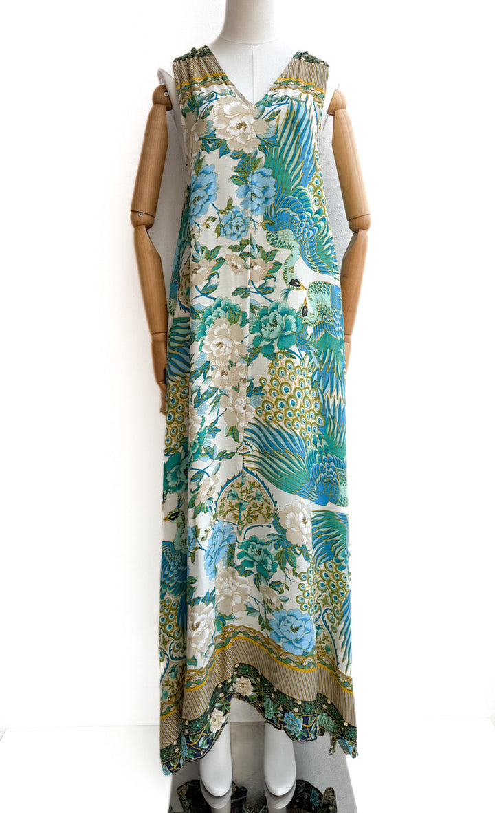 Vestido largo sin mangas con estampado floral y aves