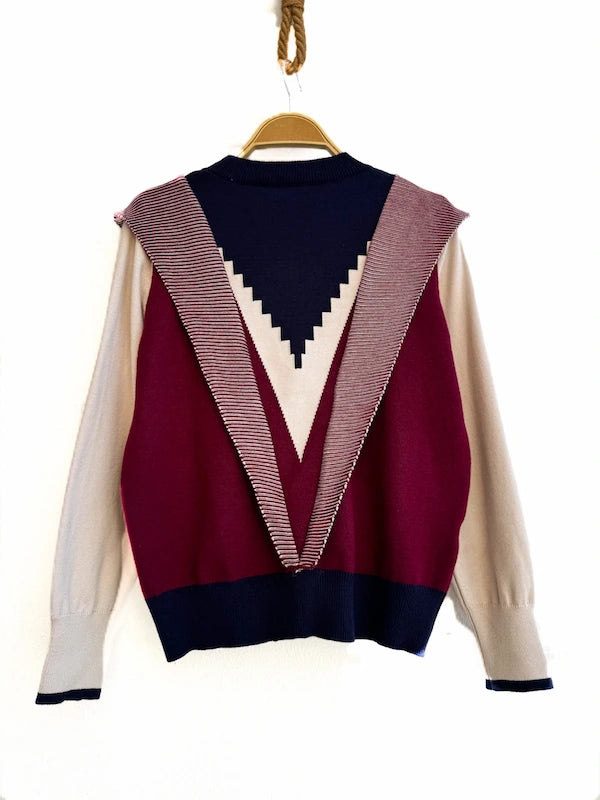Suéter de Punto Multicolor con Diseño Geométrico en V