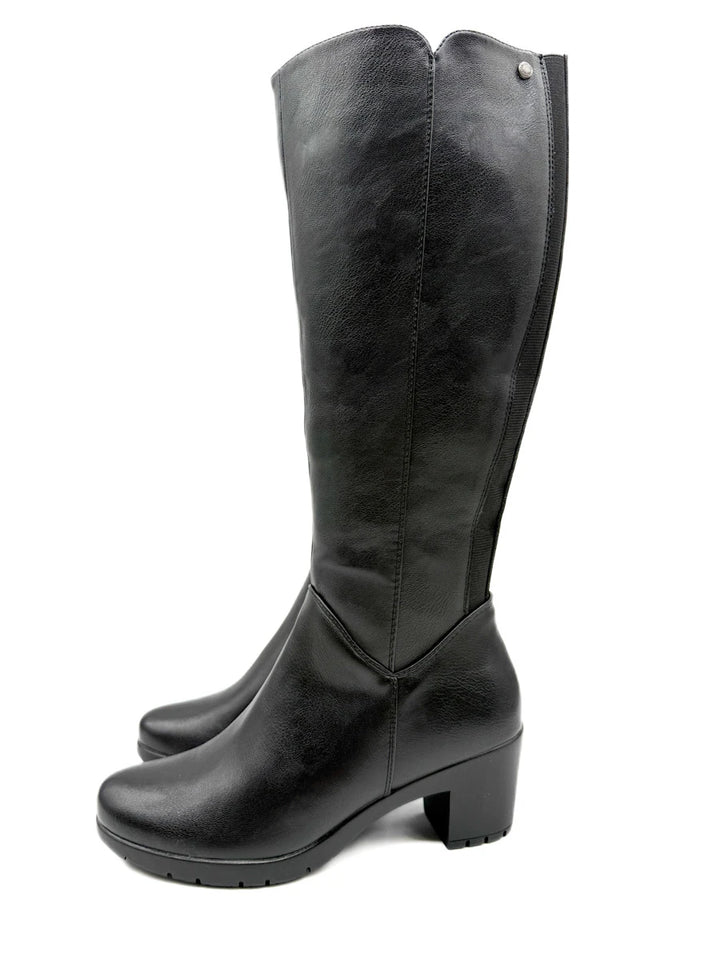 Botas Altas de Piel Sintética con Tacón Ancho y Panel Elástico Posterior