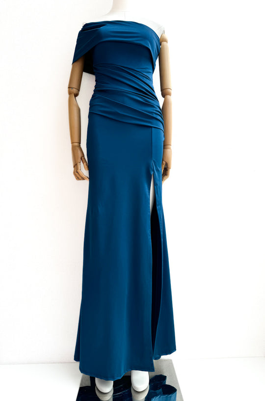 Vestido Largo con Drapeado y Abertura Lateral Petroleo única