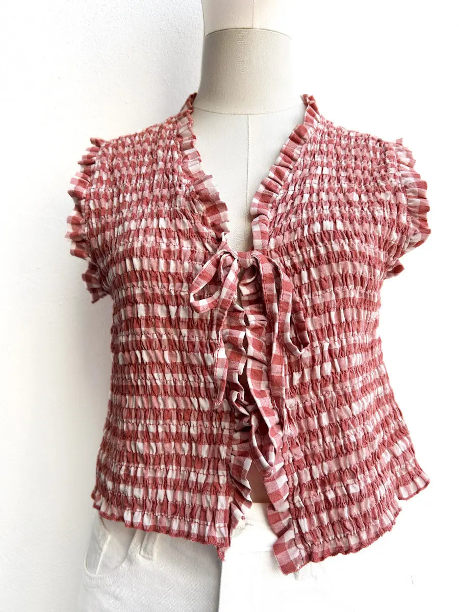 Top Fruncido de Cuadros con Lazo Coral única