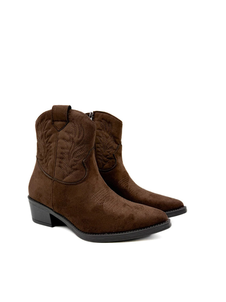 Botines Cowboy con Bordado Étnico para Mujer en Antelina y Piel Sintética