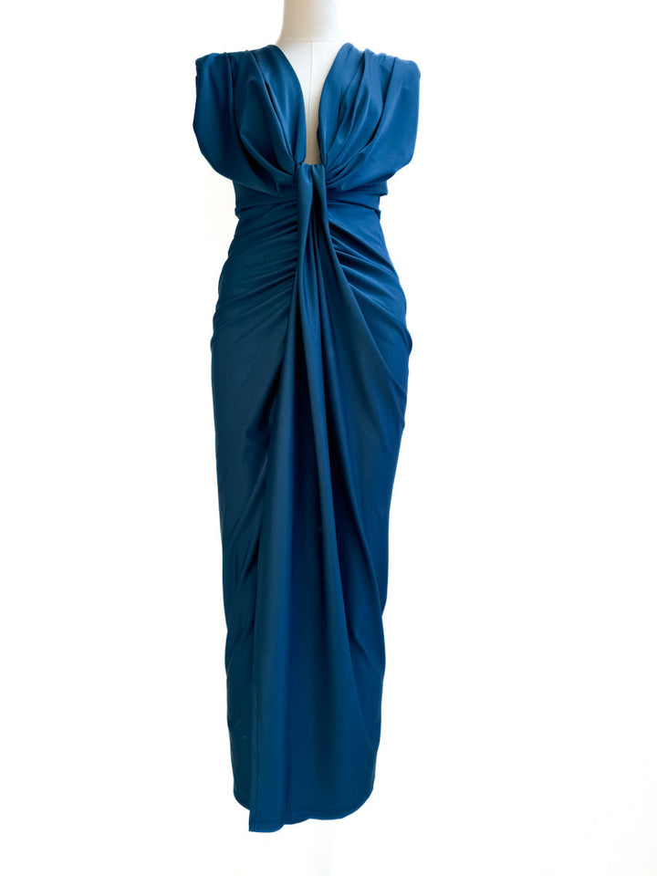 Vestido Largo Drapeado con Escote en V Profundo, Nudo en la Cintura.