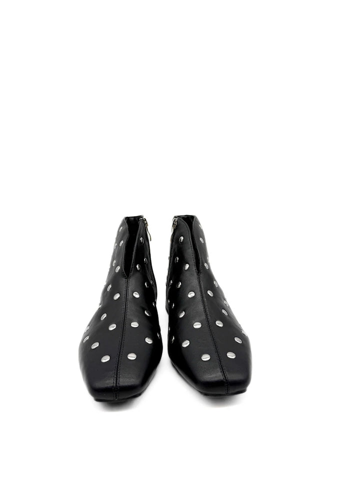 Botines Bajos de Mujer Negros con Tachuelas Plata, Puntera Cuadrada y Cremallera