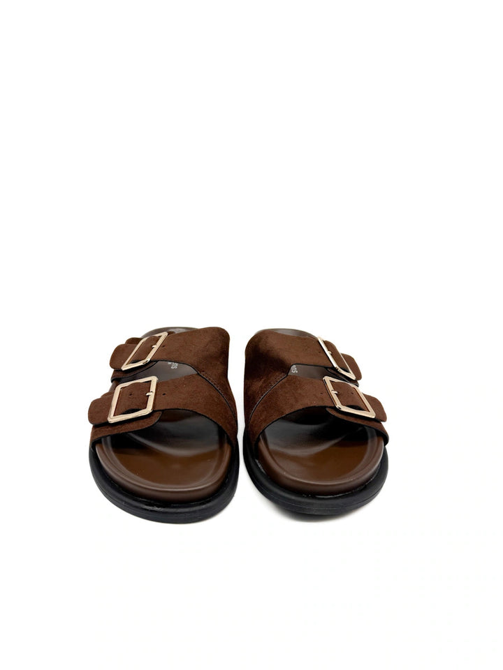Sandalias de Doble Hebilla Dorada en Antelina Marrón Chocolate - Chanclas de Suela Gruesa Confort para Mujer