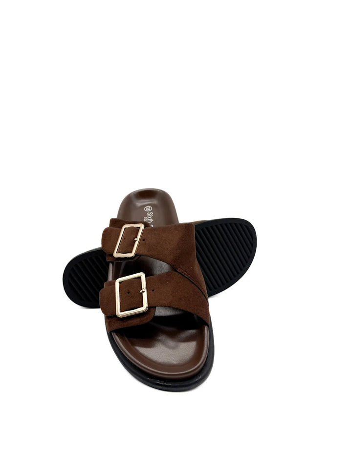Sandalias de Doble Hebilla Dorada en Antelina Marrón Chocolate - Chanclas de Suela Gruesa Confort para Mujer