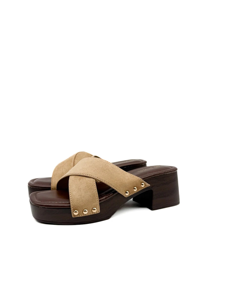 Sandalias Mule Zueco Tiras Cruzadas Antelina Efecto Madera