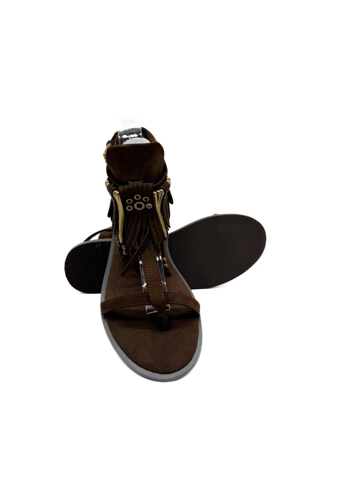 Sandalias Planas de Estilo Étnico Corina con Flecos, Cuentas de Madera y Cierre de Hebilla
