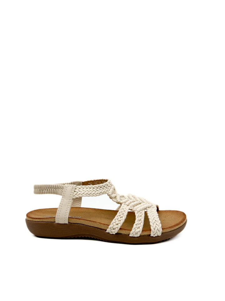 Sandalias mujer tiras trenzadas beige con elástico.
