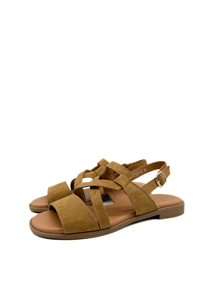 Sandalia Plana de Mujer con Tiras y Pulsera al Tobillo - Color Camel