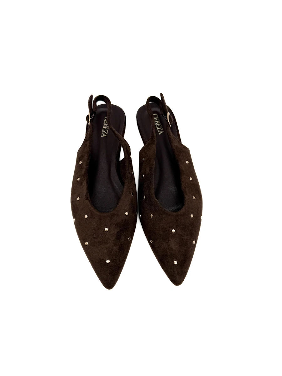 Zapatos Planos Destalonados de Antelina con Tachuelas y Punta Afilada