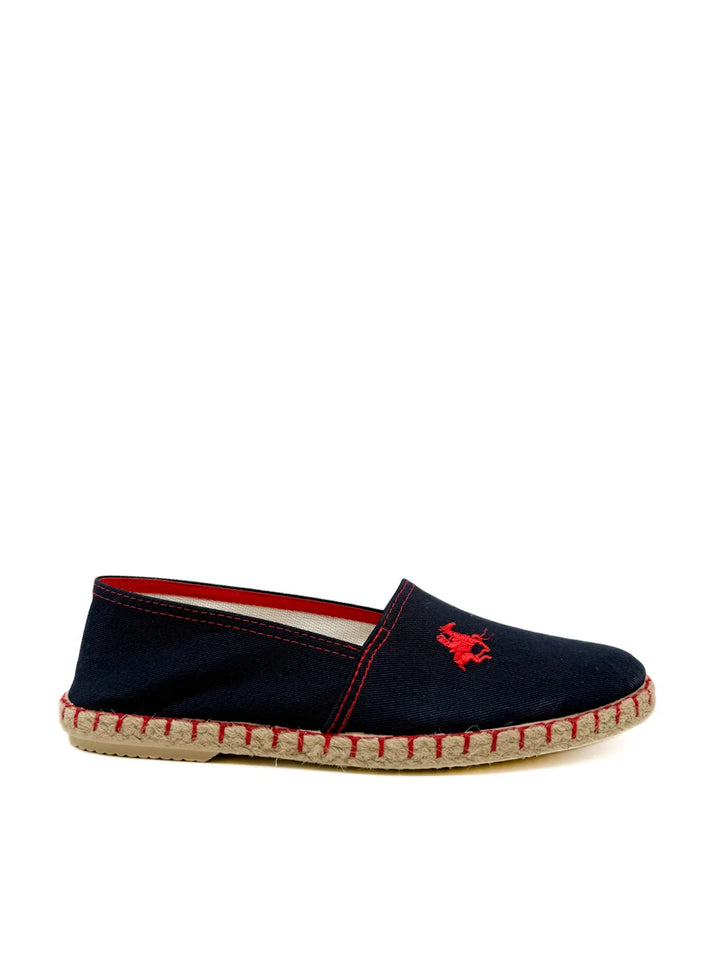 Alpargatas de lona azul marino con bordado rojo y suela de yute.