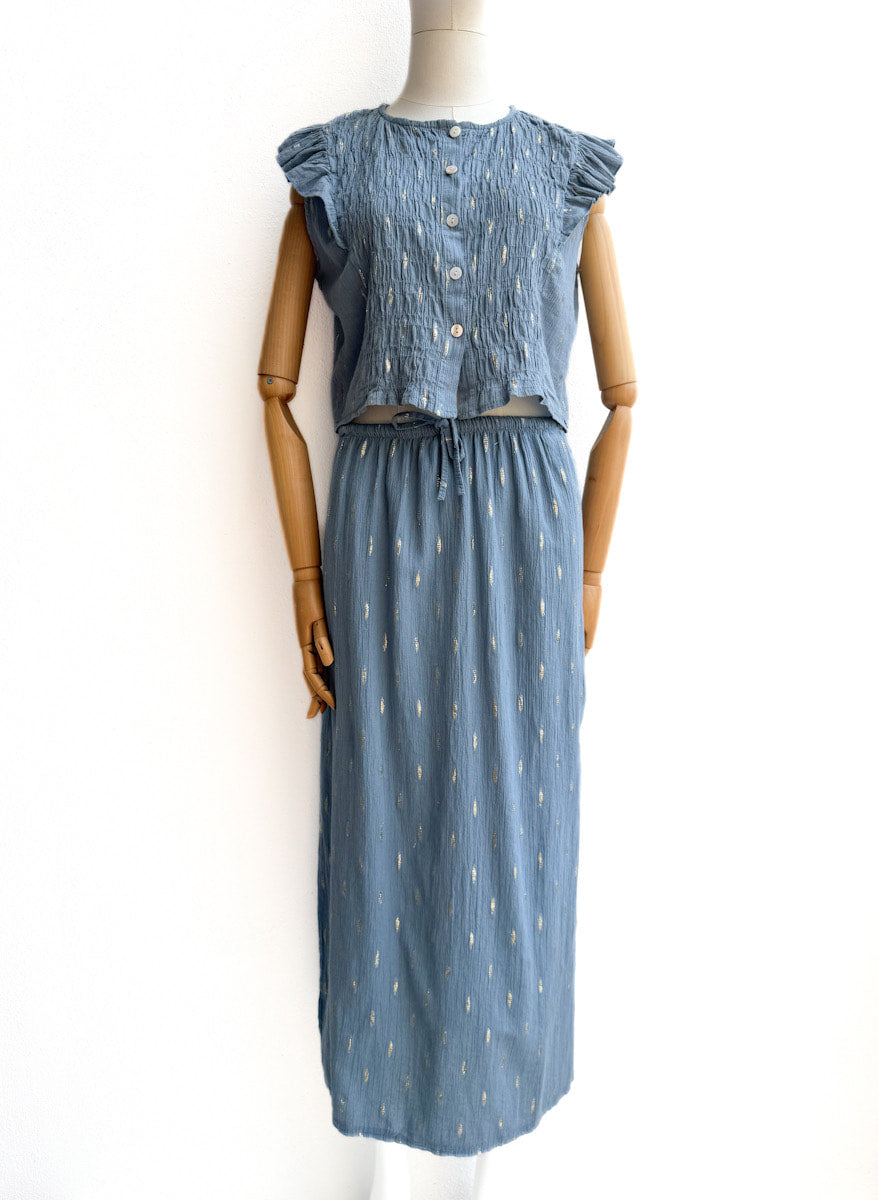 Conjunto de Blusa y Falda en Algodón Texturizado