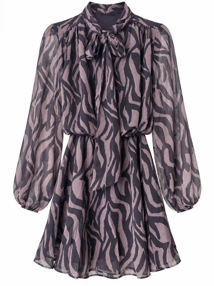 Vestido Corto de Gasa con Estampado de Cebra y Lazada al Cuello