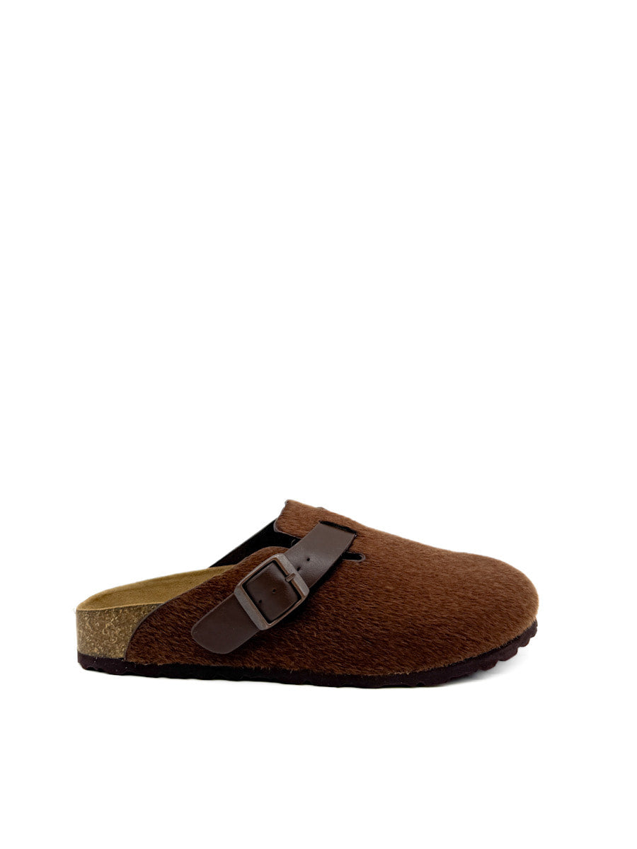 Zuecos de Piel de Sintética Hebilla y Suela de Corcho Marrón