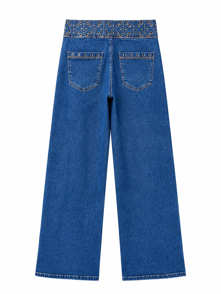 Jeans Rectos de Cintura Medio con Remaches y Bordados