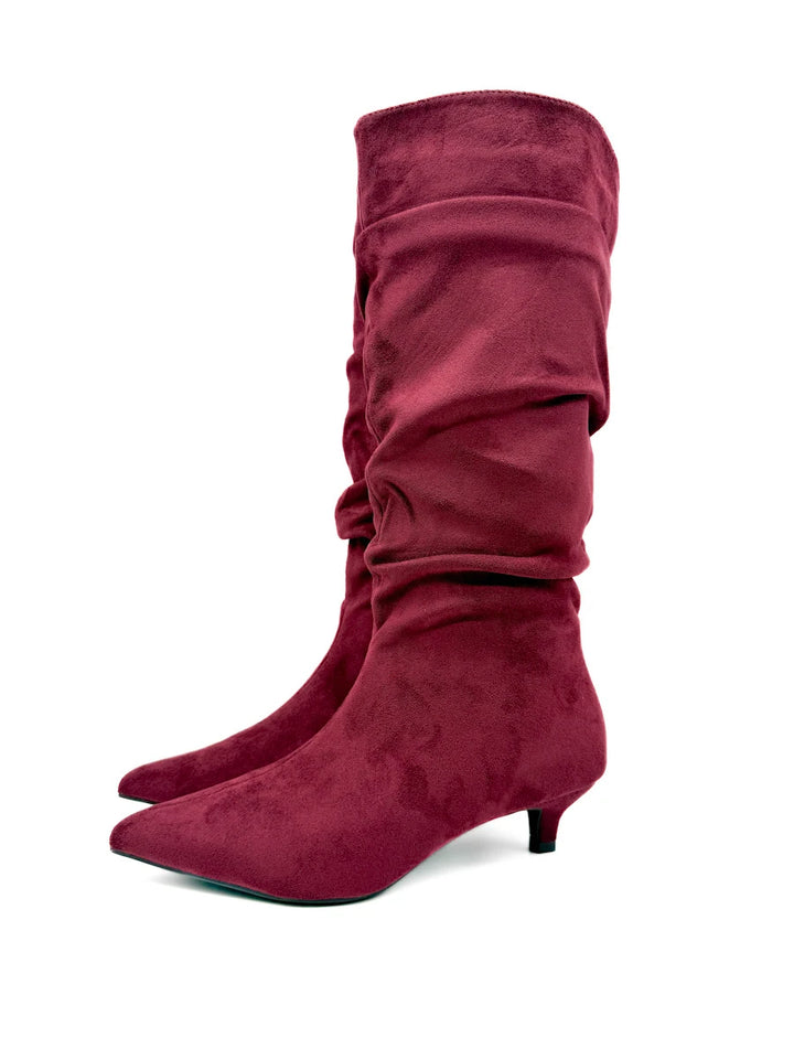 Botas Altas Fruncidas de Ante Sintético con Tacón Chupete y Puntera Fina
