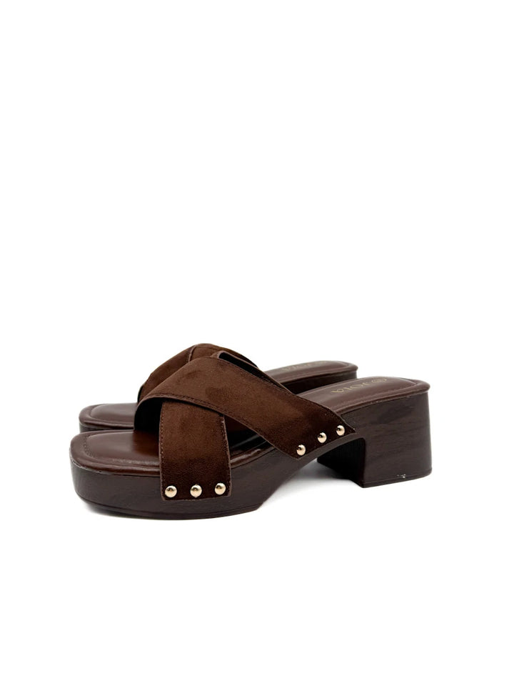 Sandalias Mule Zueco Tiras Cruzadas Antelina Efecto Madera