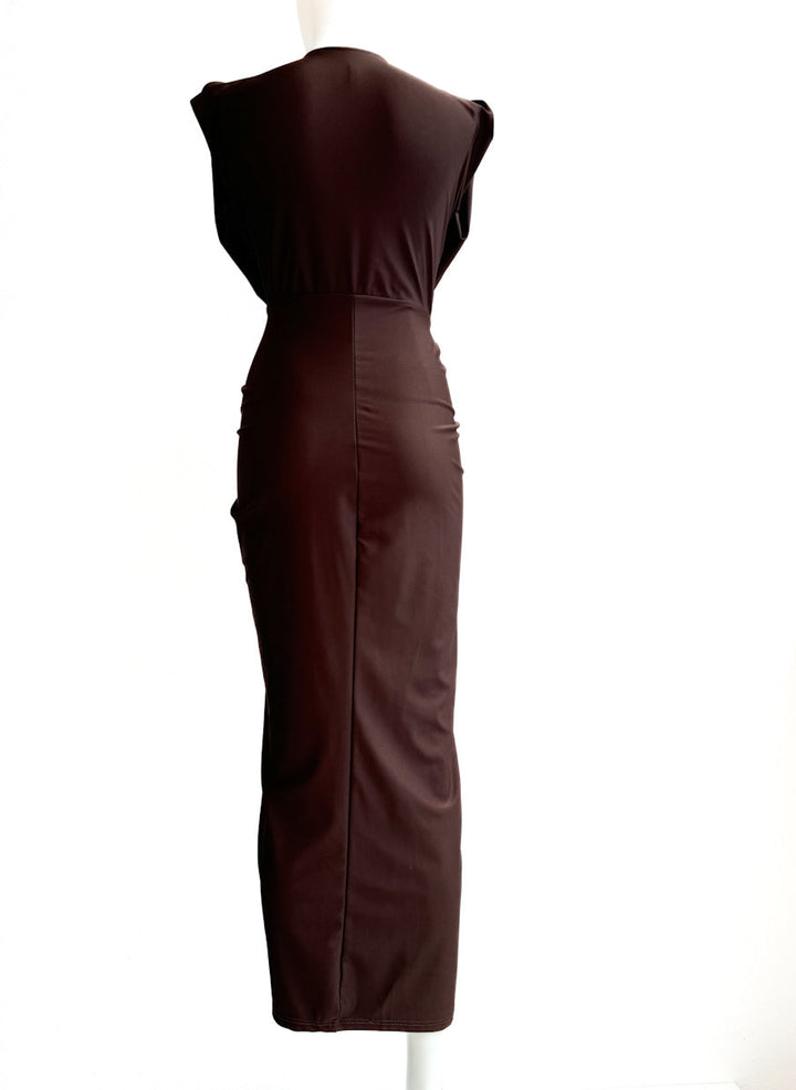 Vestido Largo Drapeado con Escote en V Profundo, Nudo en la Cintura.