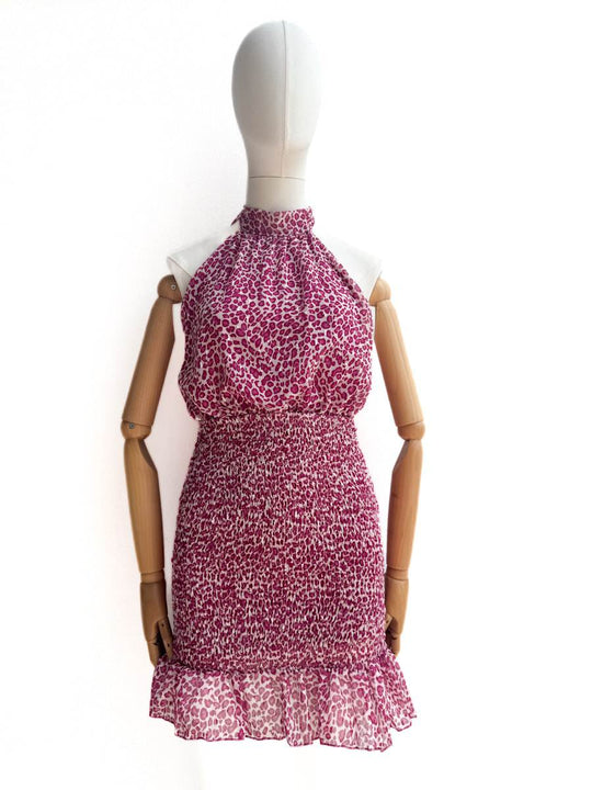 Vestido Corto Estampado con Cuello Halter y Volante Fuscia única