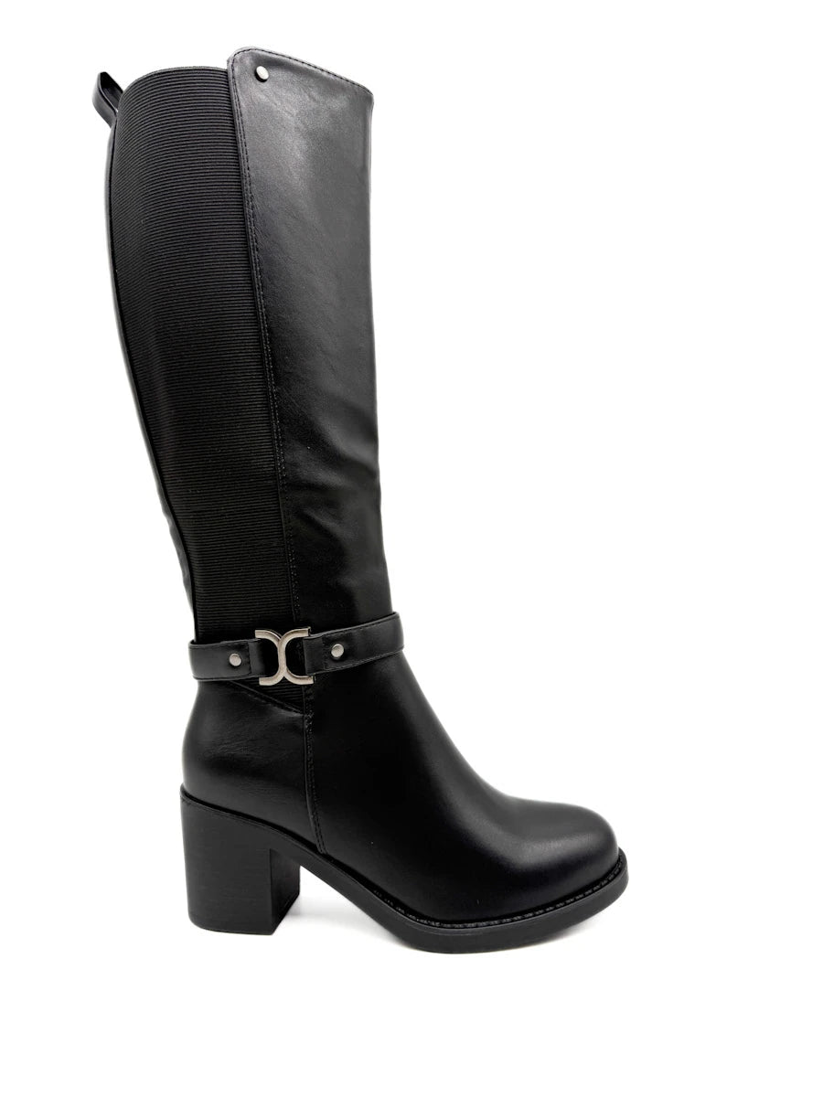 Botas Altas de Caña Ancha con Tacón Ancho y Adorno Metálico