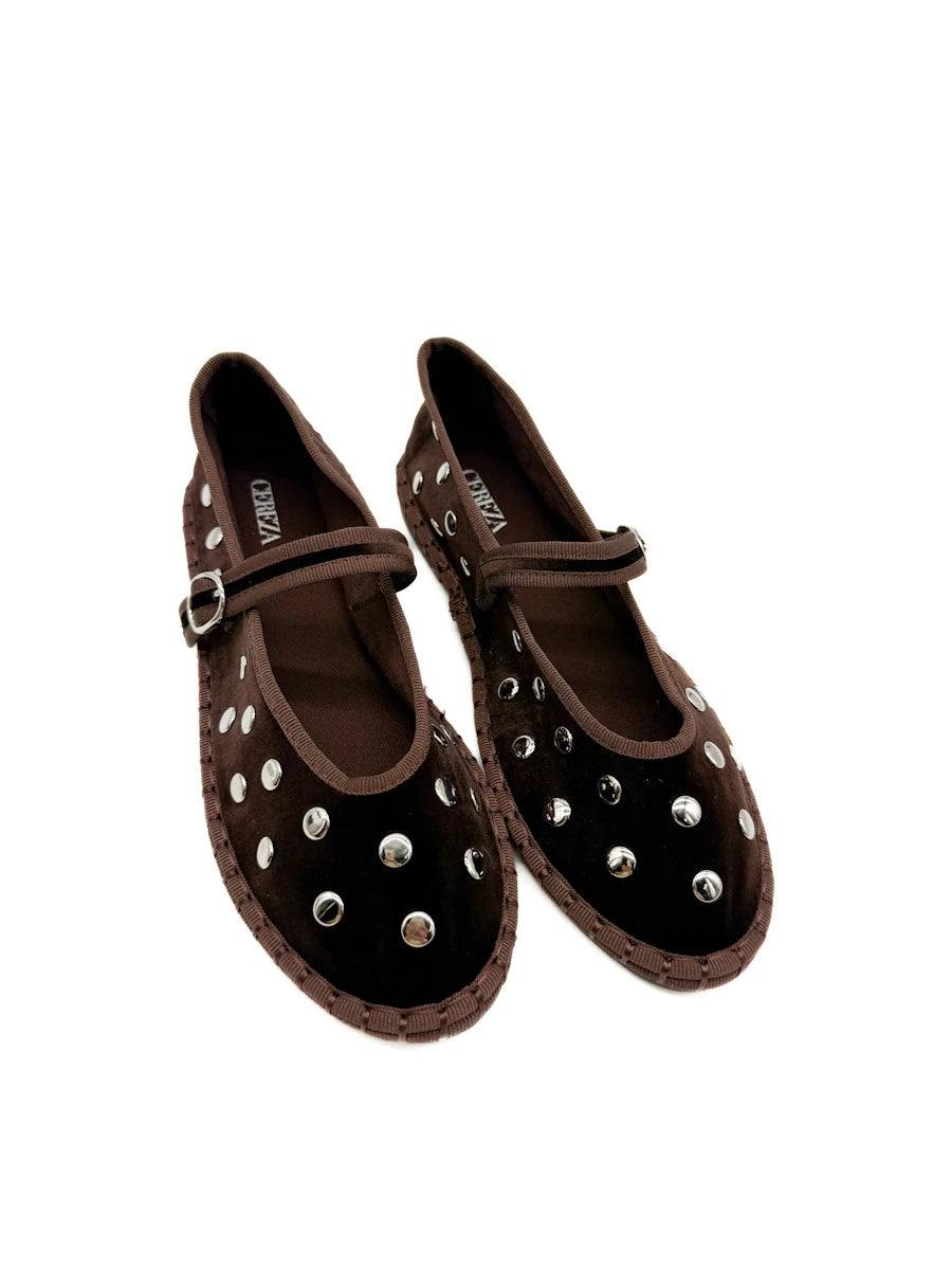 Bailarinas Mary Jane de Terciopelo con Tachuelas y Hebilla