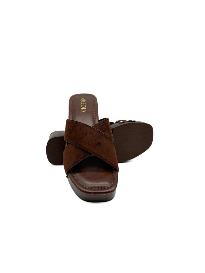 Sandalias Mule Zueco Tiras Cruzadas Antelina Efecto Madera