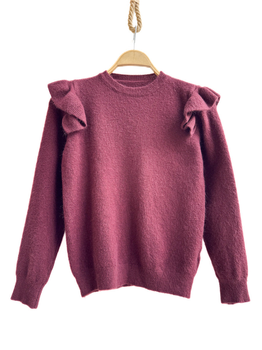 Suéter de Punto con Volantes en los Hombros - Elegancia y Comodidad Burdeos Única