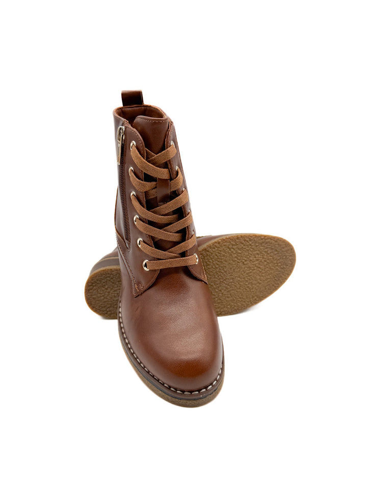 Botín Camel con Cordones, Tacón Grueso y Cremallera Lateral