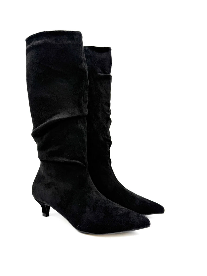Botas Altas Fruncidas de Ante Sintético con Tacón Chupete y Puntera Fina