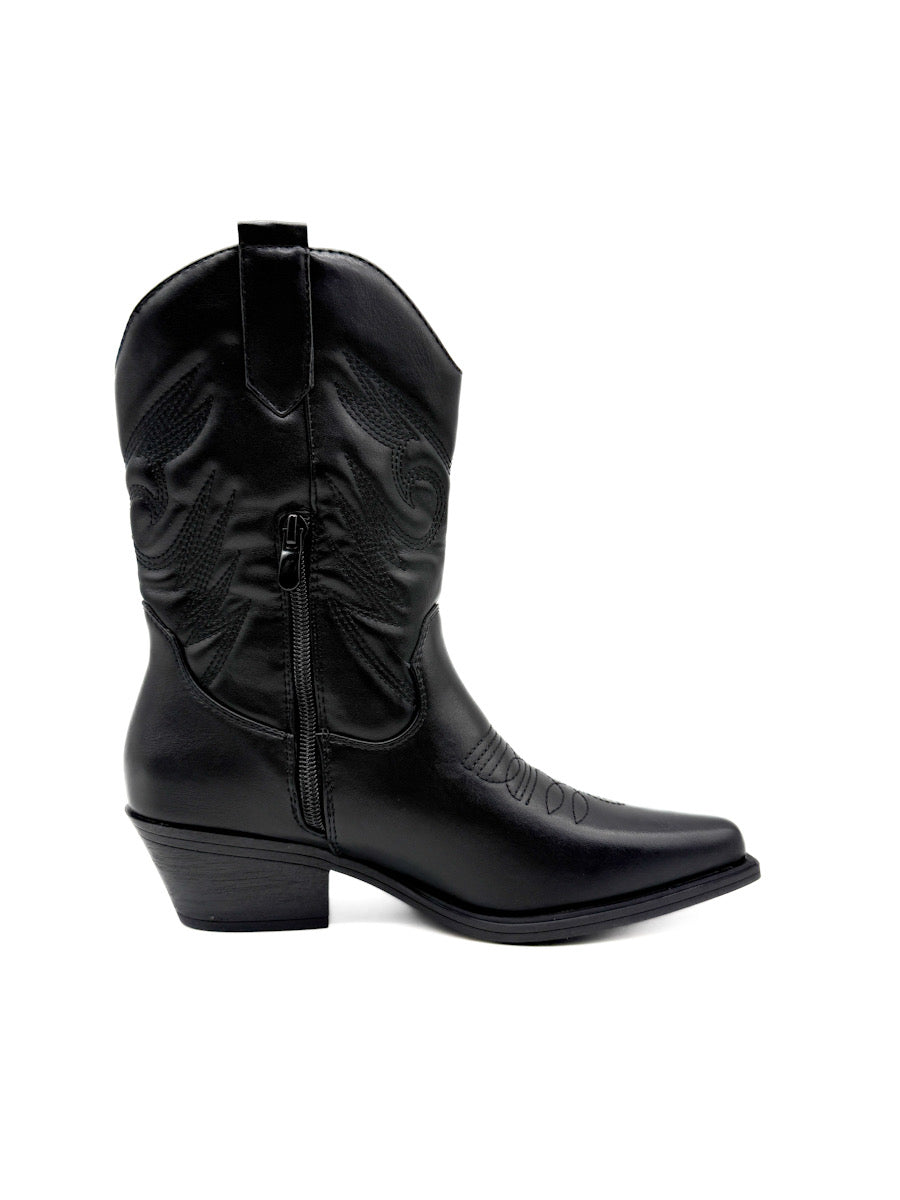 Botín Cowboy Negra con Diseño Clásico y Cremallera Lateral