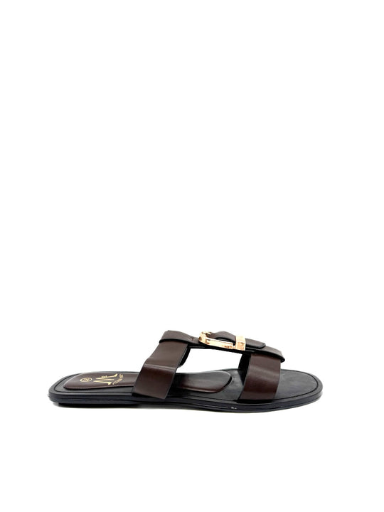 Sandalias Planas de Mujer con Hebilla Dorada Marrón