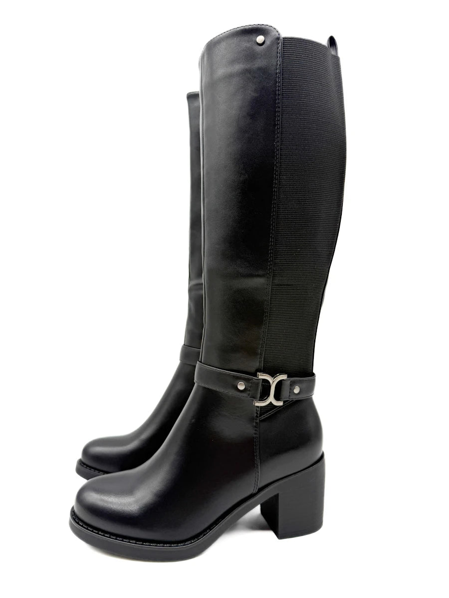 Botas Altas de Caña Ancha con Tacón Ancho y Adorno Metálico