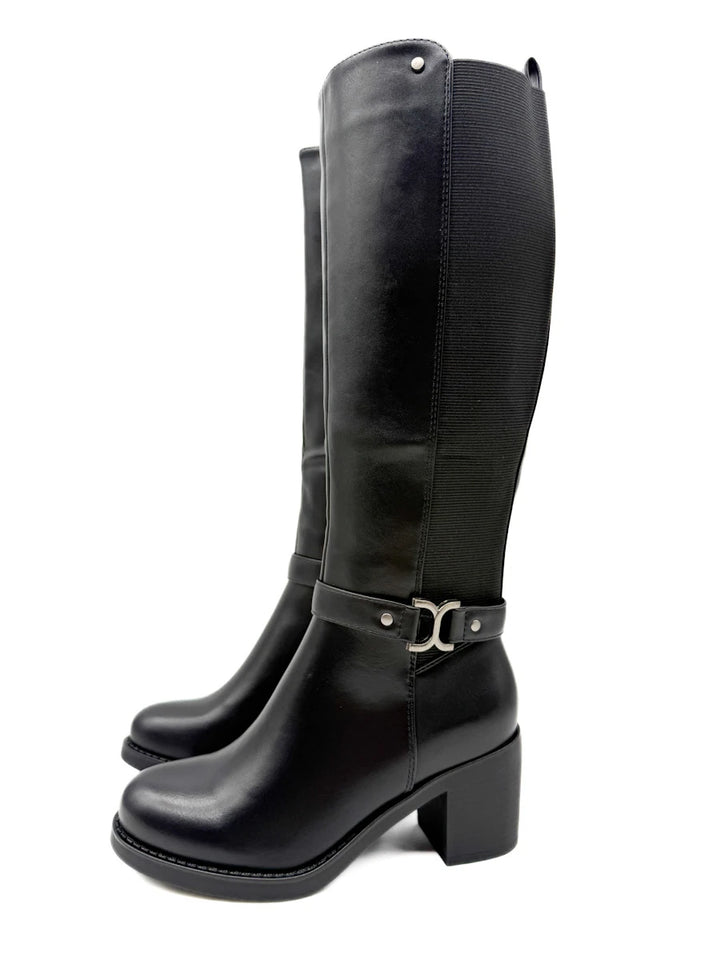 Botas Altas de Caña Ancha con Tacón Ancho y Adorno Metálico