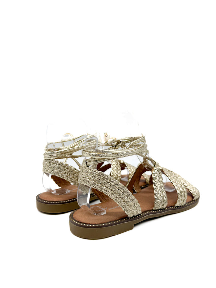 Sandalias Romanas Doradas con Diseño Trenzado y Cordones Ajustables