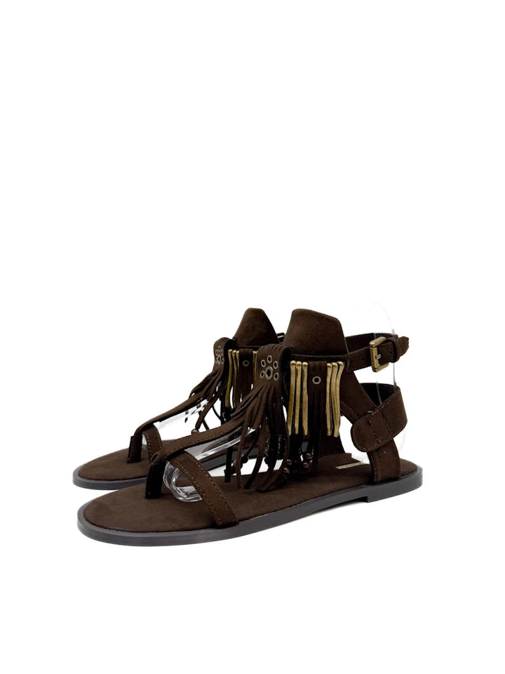 Sandalias Planas de Estilo Étnico Corina con Flecos, Cuentas de Madera y Cierre de Hebilla