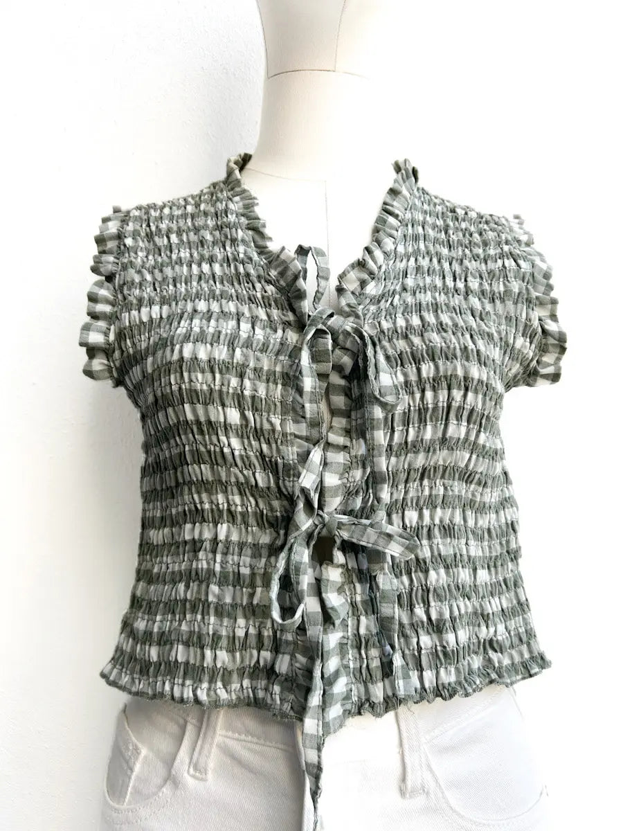 Top Fruncido de Cuadros con Lazo Verde única