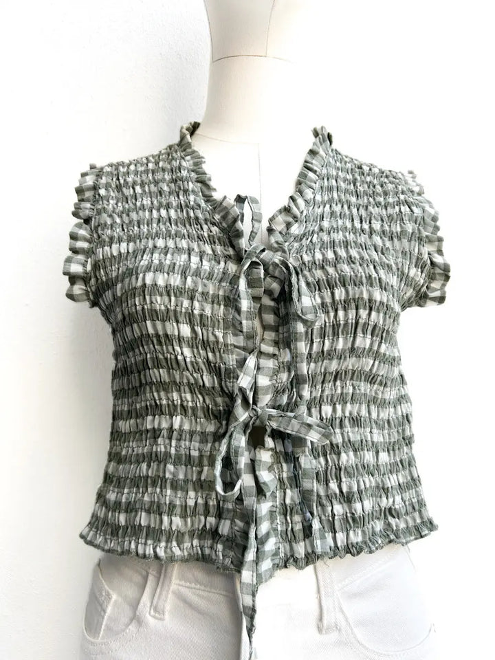 Top Fruncido de Cuadros con Lazo Verde única