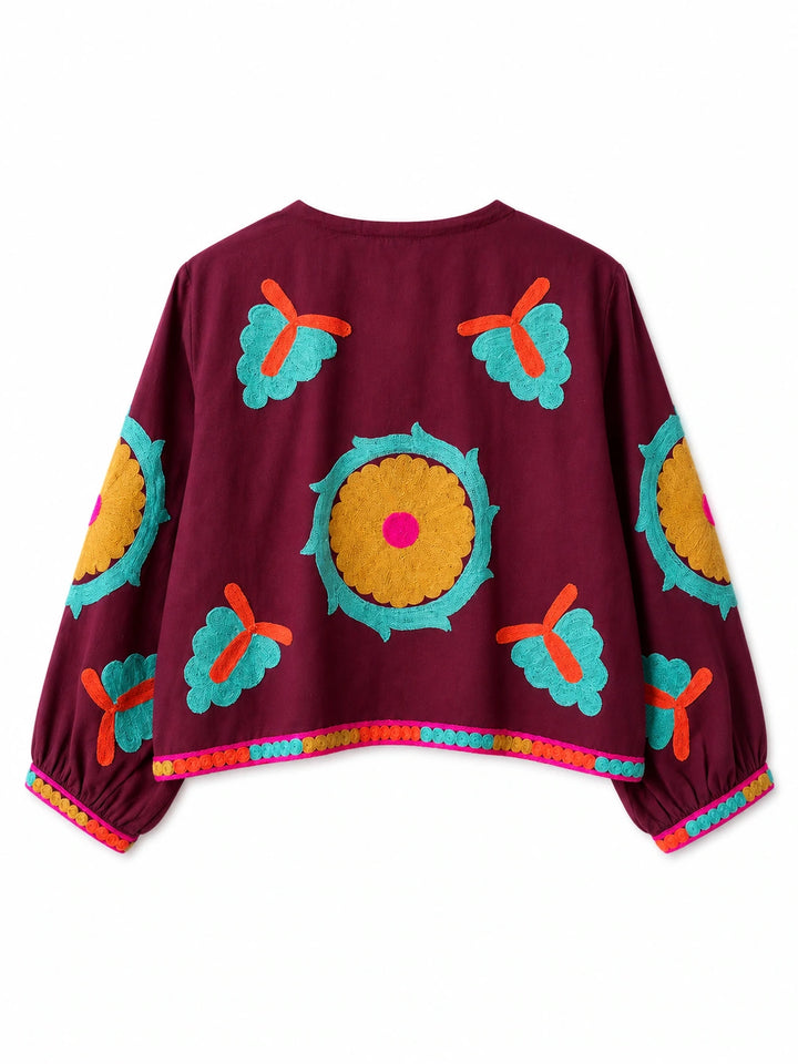 Chaqueta Bordada Multicolor para Mujer de Estilo Boho con Manga Larga y Diseño Artesanal
