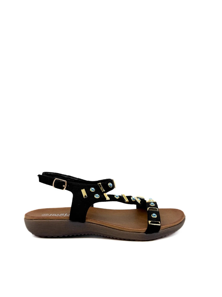 Sandalias Romanas Boho-Chic con Detalles de Pedrería Azul y Dorado