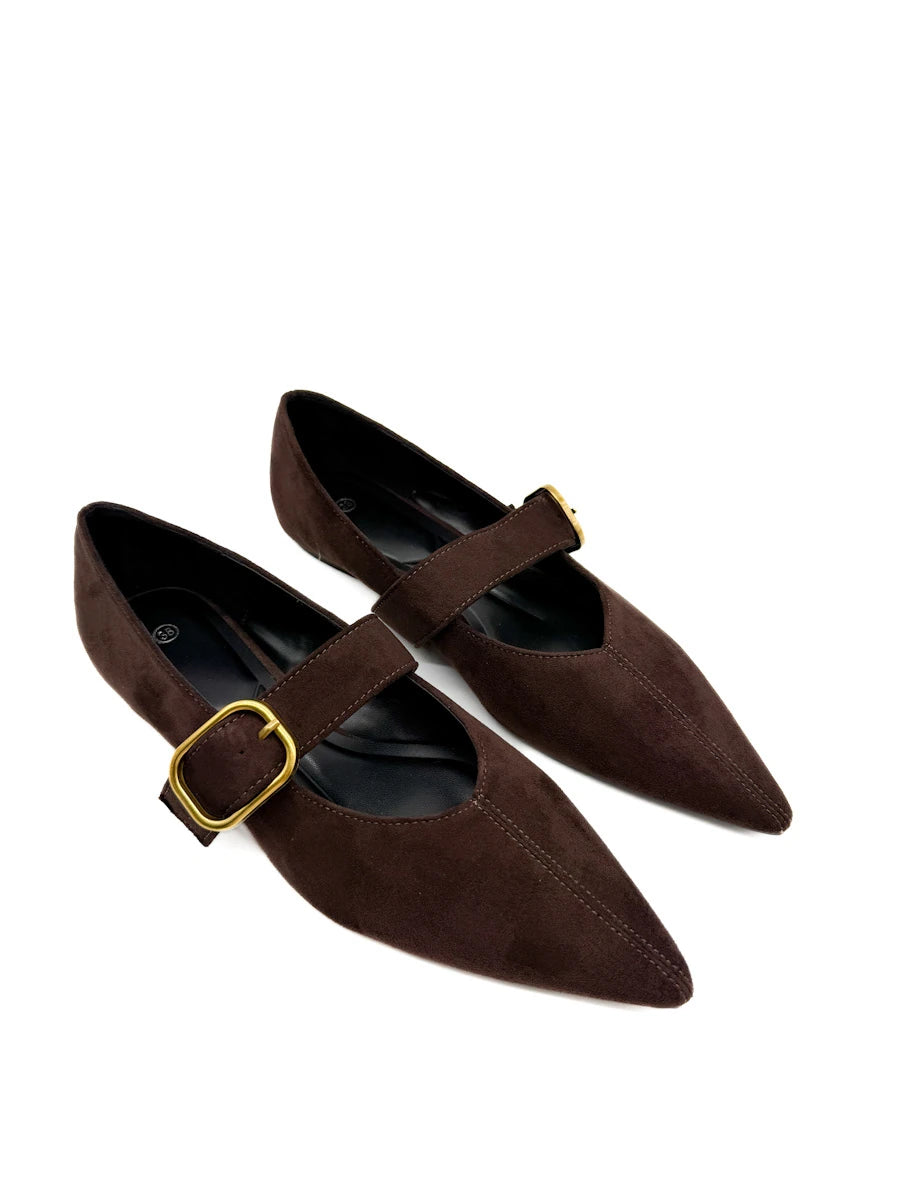 Zapatos Planos Mary Jane de Punta Fina en Ante Sintético con Hebilla Dorada